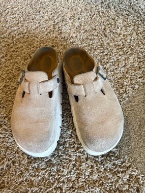 Birkenstock Beige Suede Clog Mules with Buckle